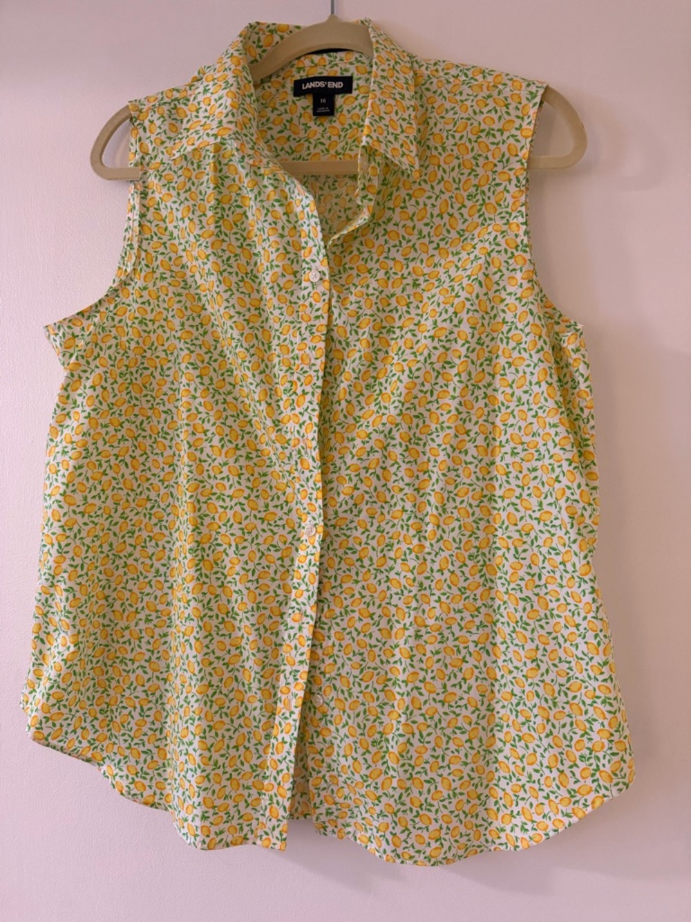 Lands' End Lemon Print Sleeveless Button-Up in Yellow and Green
